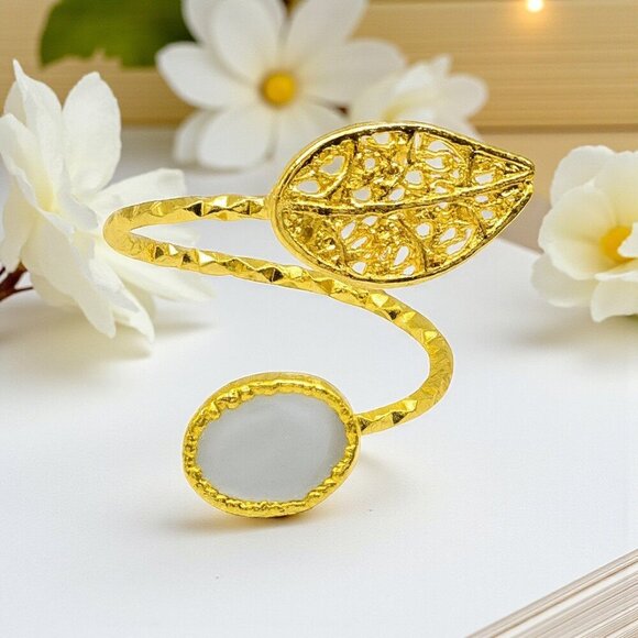 🆕️Boho Chic Turkish Adjustable Leaf Ring 18K Gold Plated Brass Pearl Accent - Picture 12 of 14
